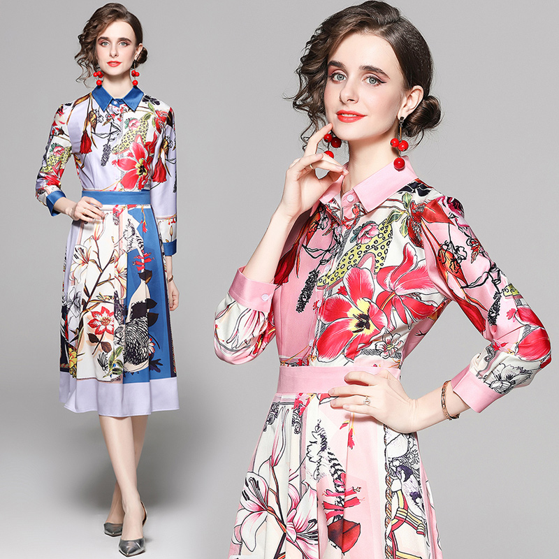 Slim pinched waist printing European style fashion dress