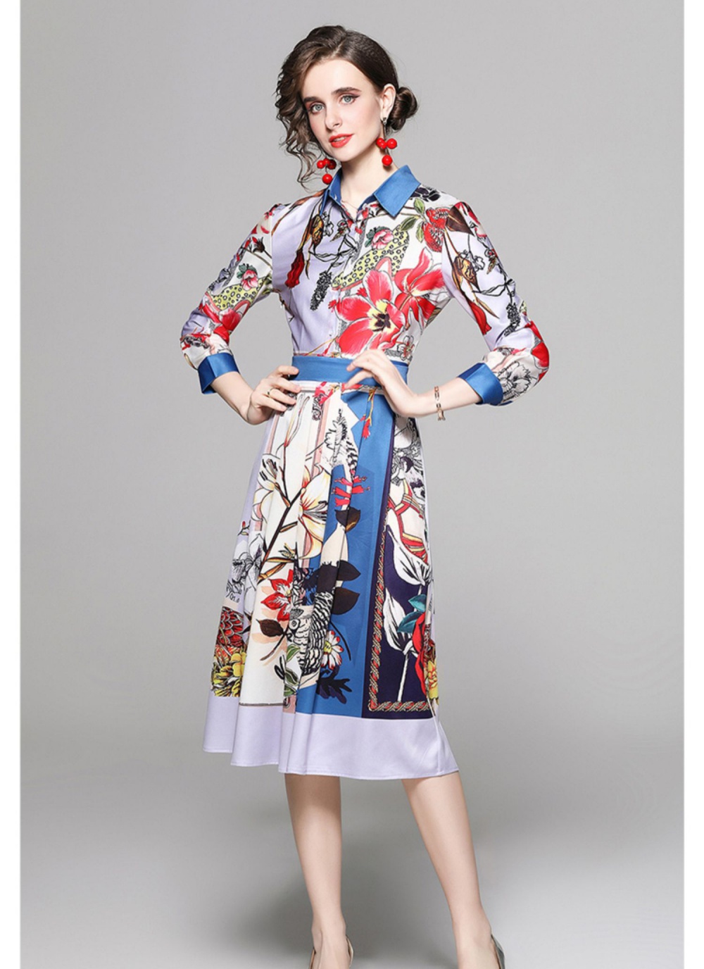 Slim pinched waist printing European style fashion dress