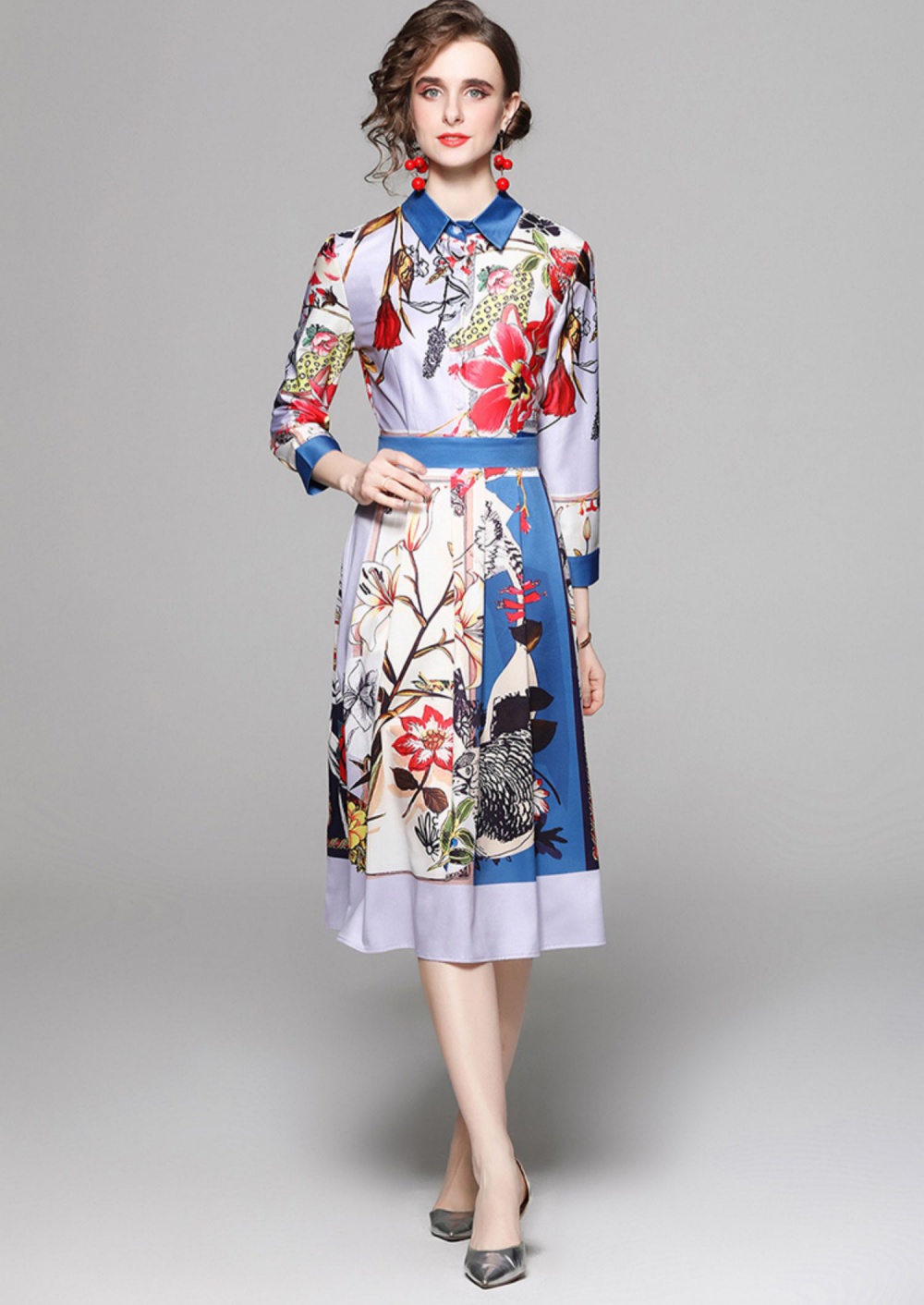 Slim pinched waist printing European style fashion dress