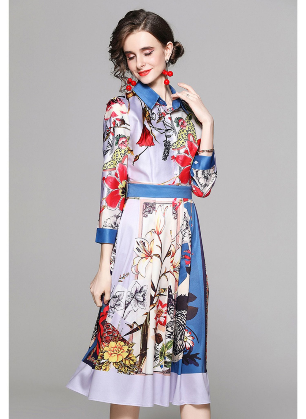 Slim pinched waist printing European style fashion dress