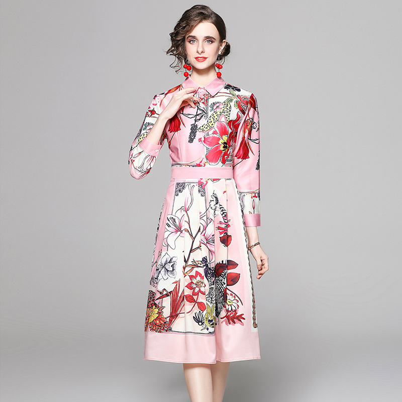 Slim pinched waist printing European style fashion dress