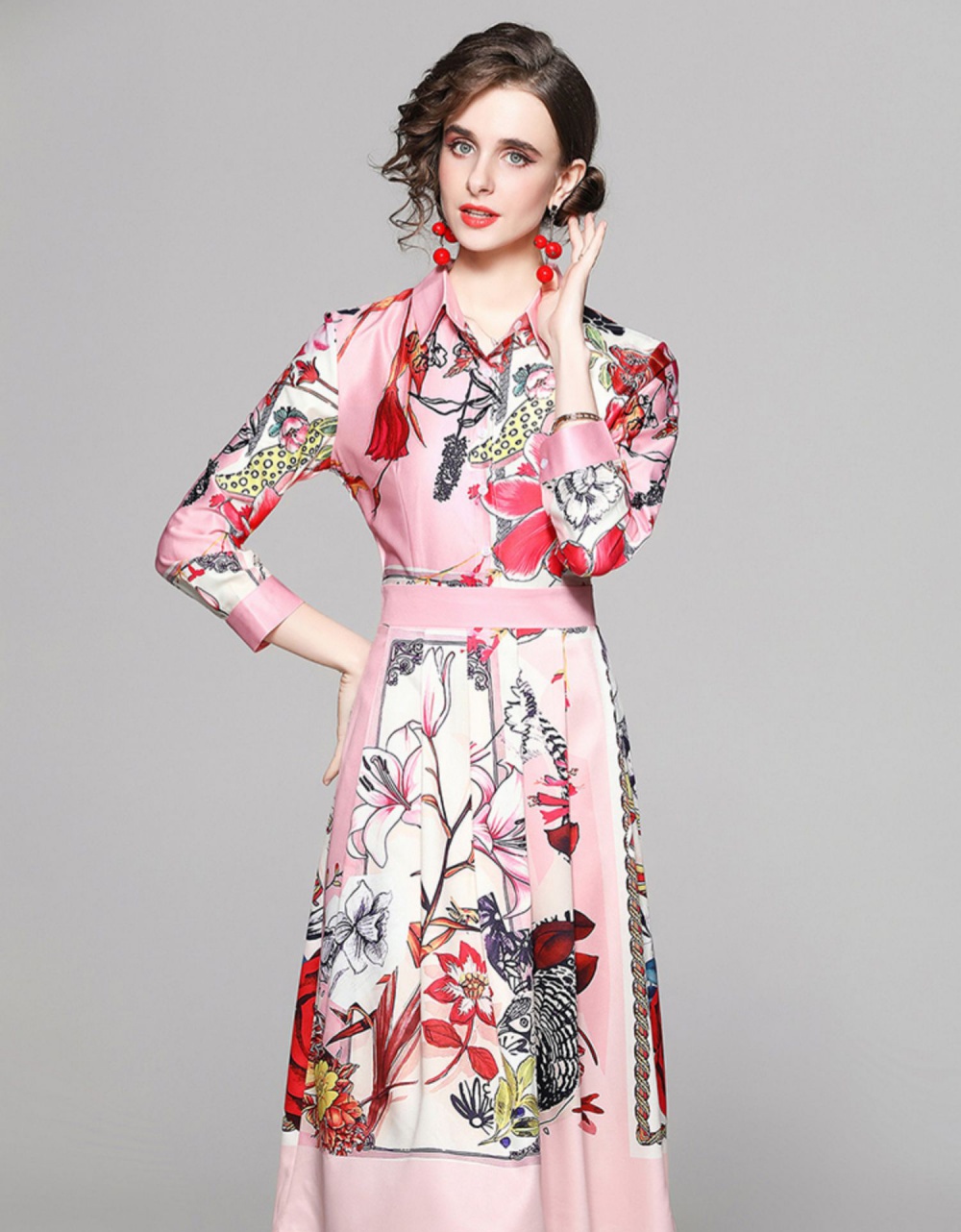 Slim pinched waist printing European style fashion dress