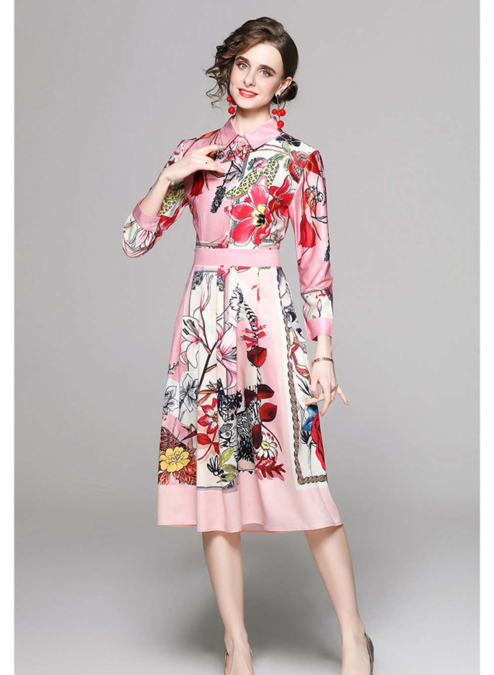 Slim pinched waist printing European style fashion dress