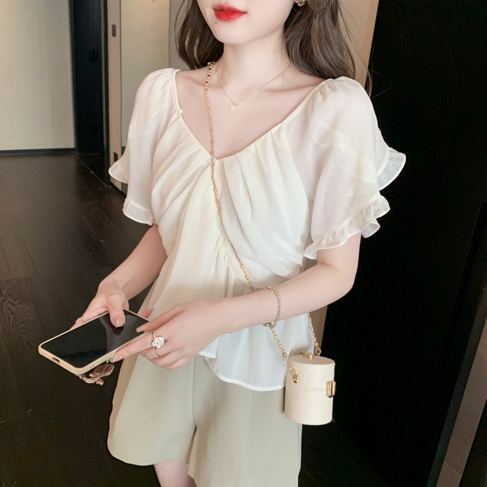 Summer boats sleeve V-neck tops tender temperament chiffon shirt