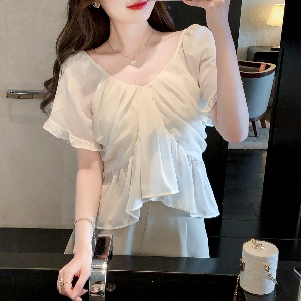 Summer boats sleeve V-neck tops tender temperament chiffon shirt