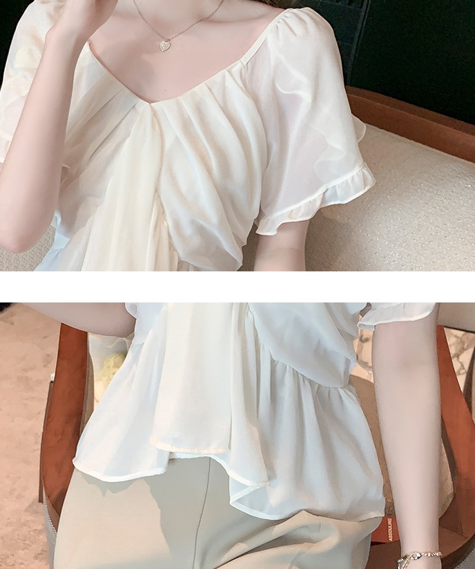 Summer boats sleeve V-neck tops tender temperament chiffon shirt