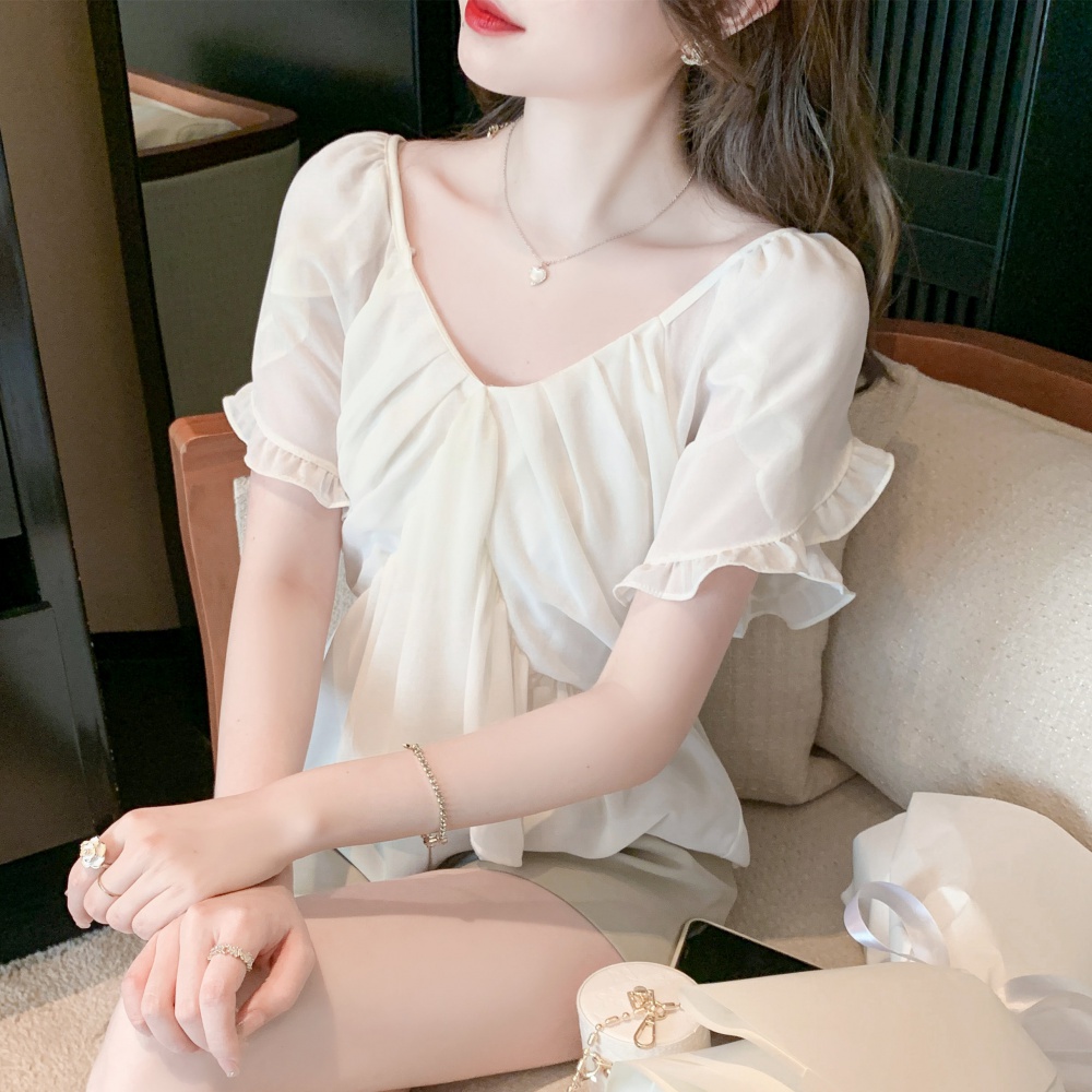 Summer boats sleeve V-neck tops tender temperament chiffon shirt