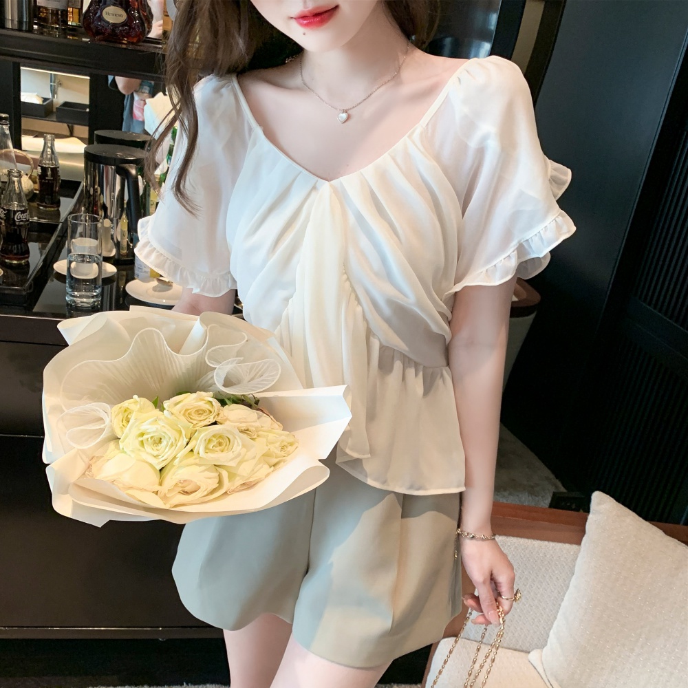 Summer boats sleeve V-neck tops tender temperament chiffon shirt