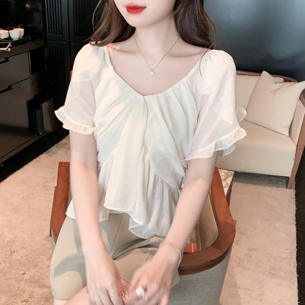 Summer boats sleeve V-neck tops tender temperament chiffon shirt