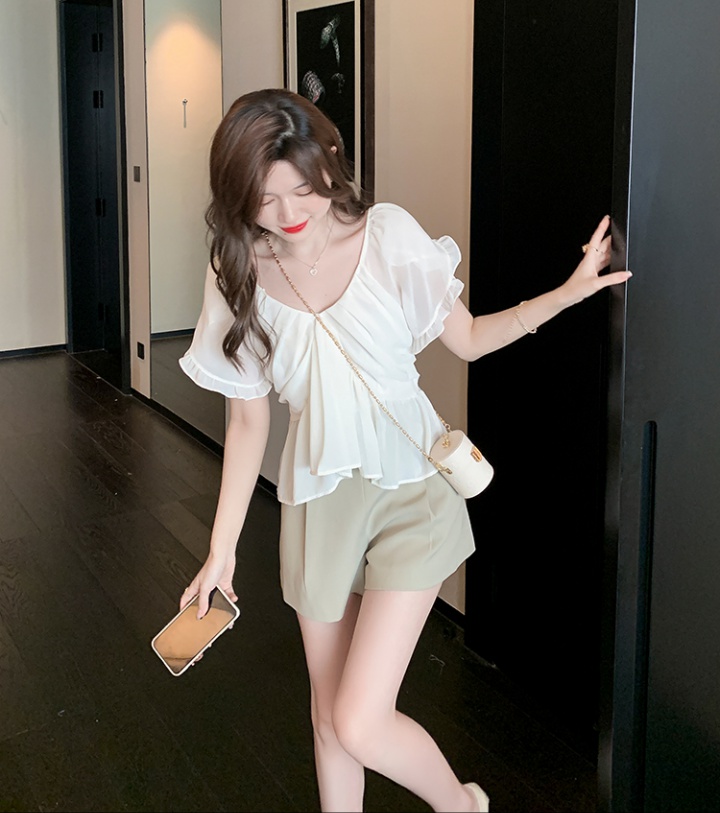 Summer boats sleeve V-neck tops tender temperament chiffon shirt