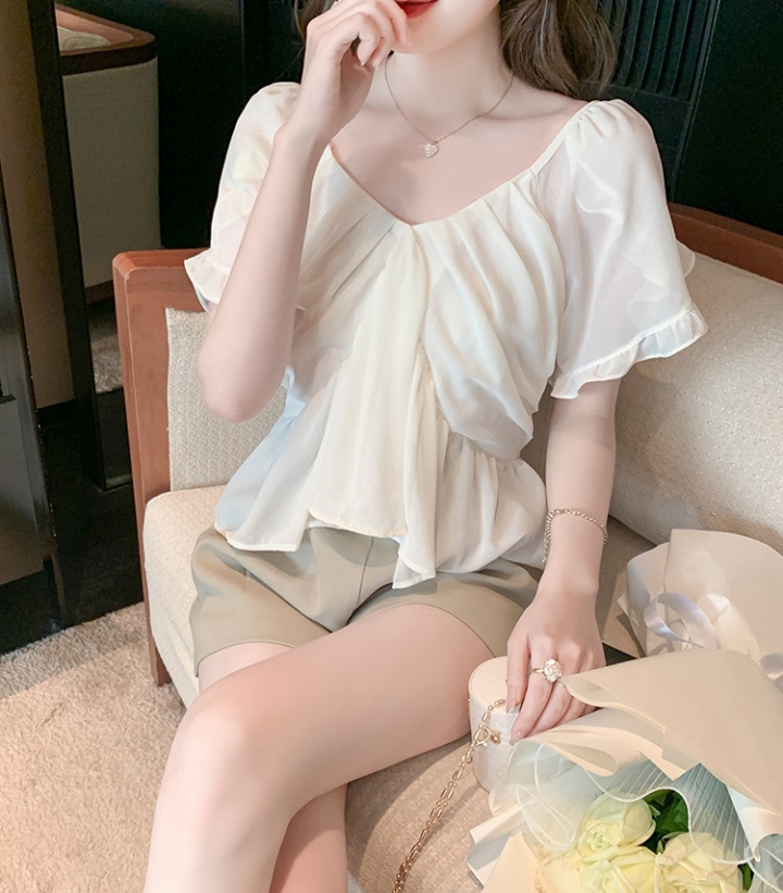 Summer boats sleeve V-neck tops tender temperament chiffon shirt