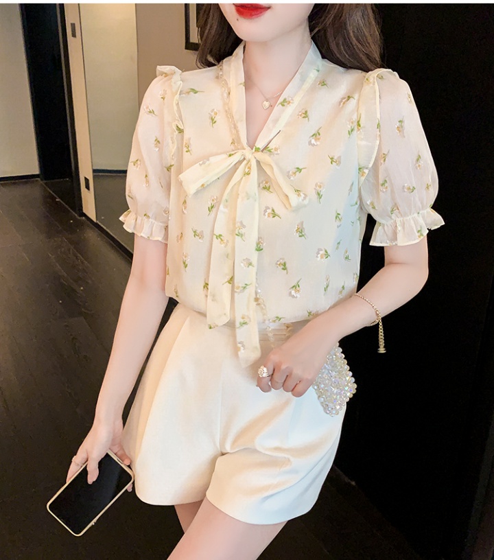 Tender bow shirt floral short sleeve tops