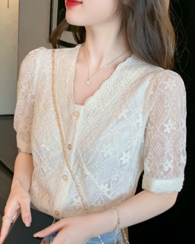 Summer short sleeve shirts lace V-neck shirt for women
