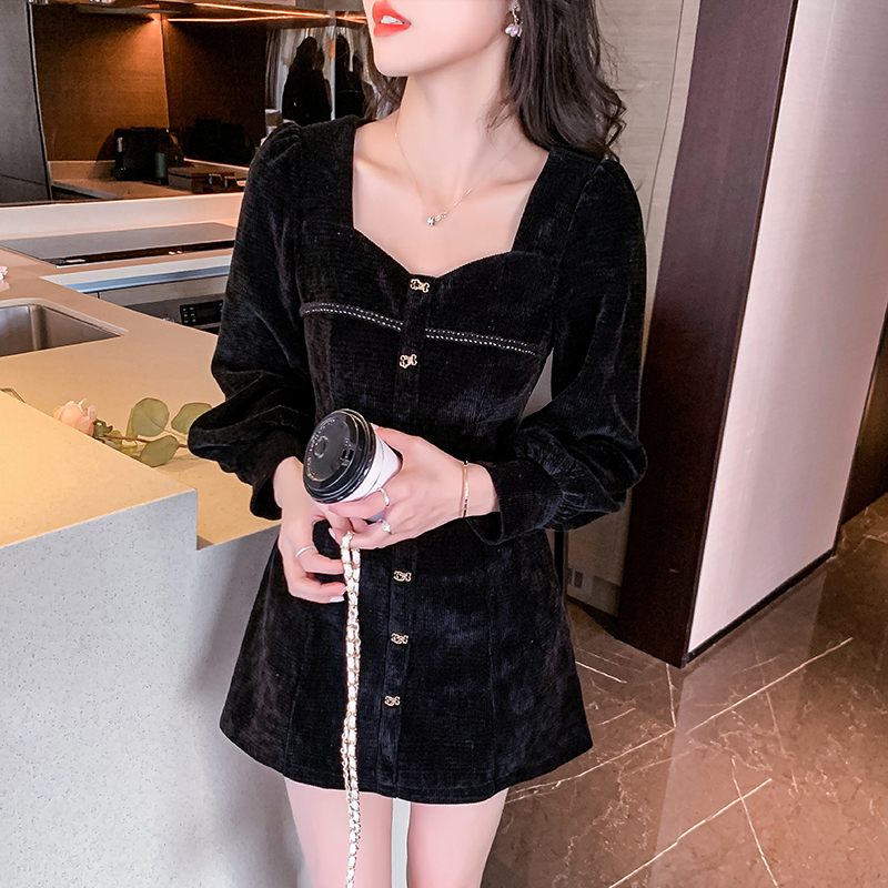 Temperament velvet slim square collar dress