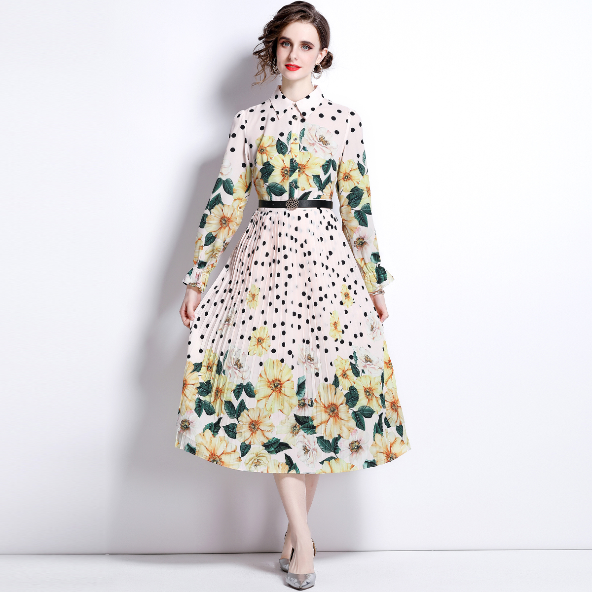 Spring shirt collar dress pleated printing long dress for women