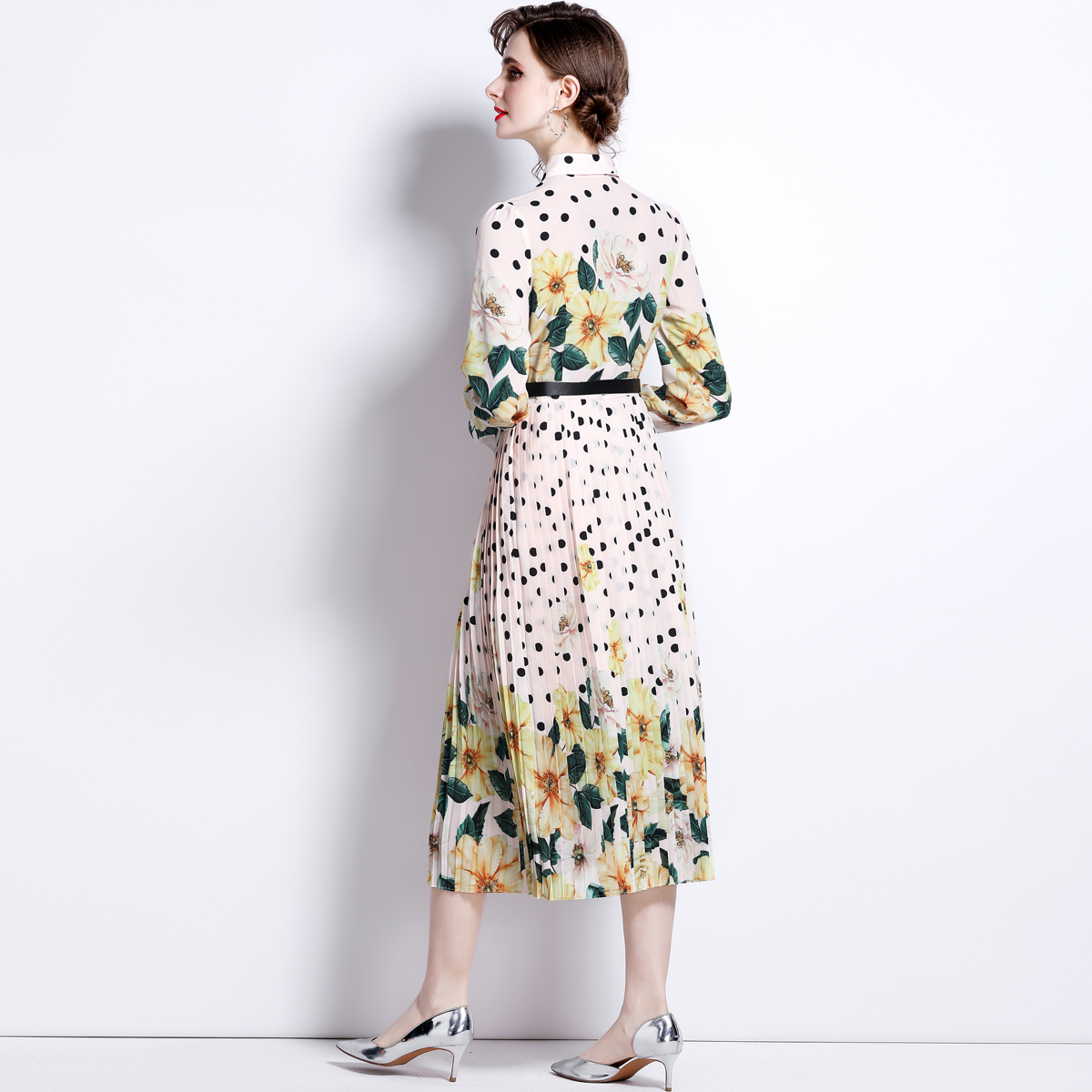 Spring shirt collar dress pleated printing long dress for women