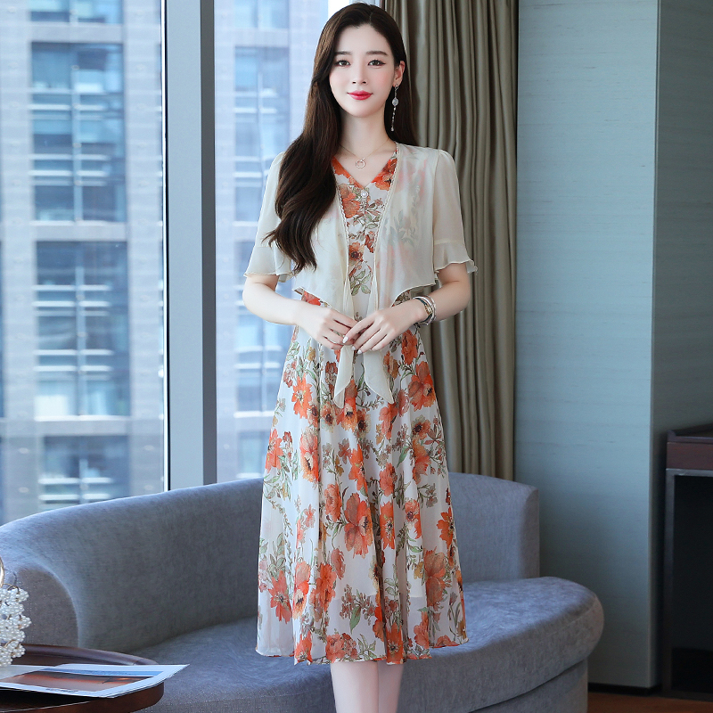 Slim summer dress Western style chiffon shawl 2pcs set