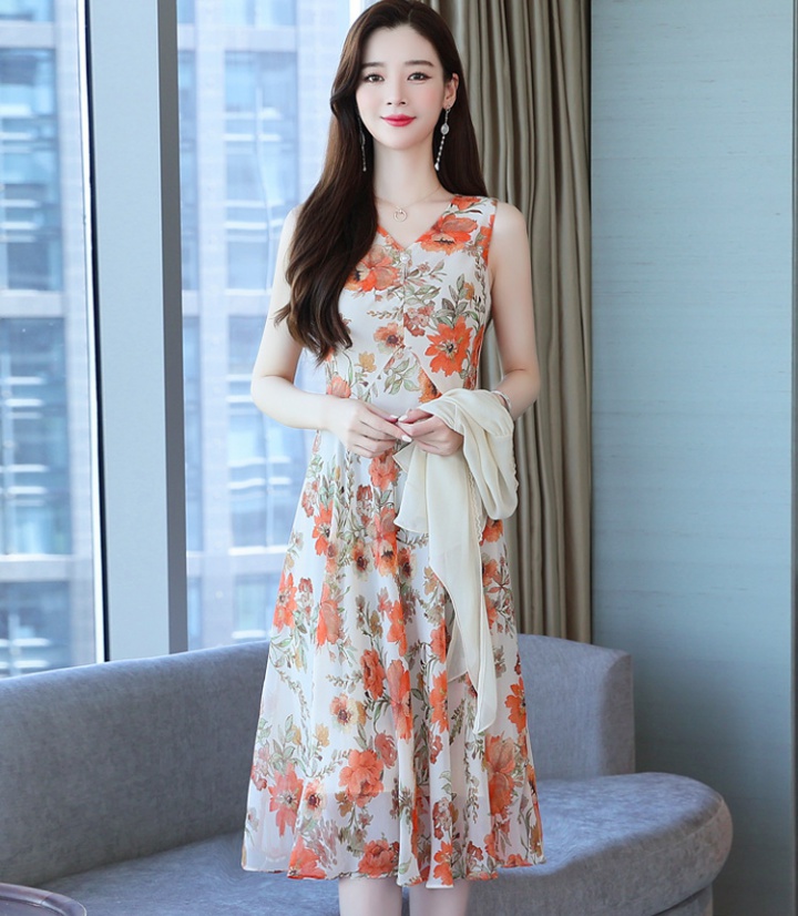 Slim summer dress Western style chiffon shawl 2pcs set