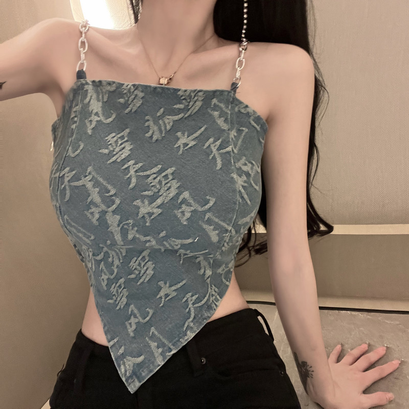Summer jacquard denim vest chain sling unique tops for women