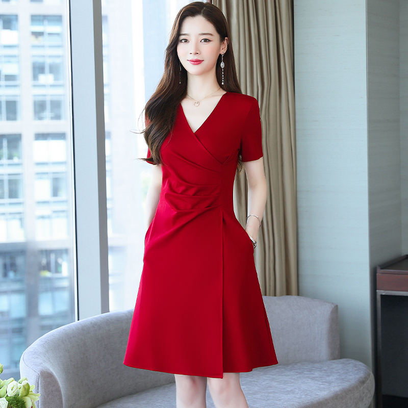 Summer temperament fashion wine-red dress for women