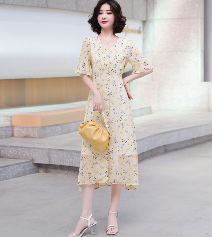 Chiffon pinched waist long dress floral dress for women