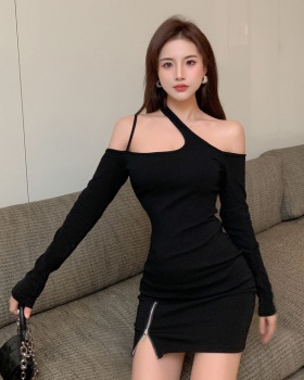 Black long sleeve sexy halter slim Western style dress