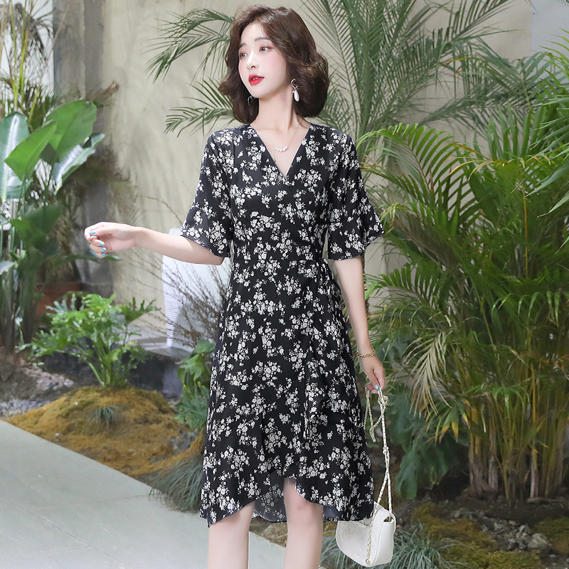 Floral temperament chiffon dress summer France style long dress