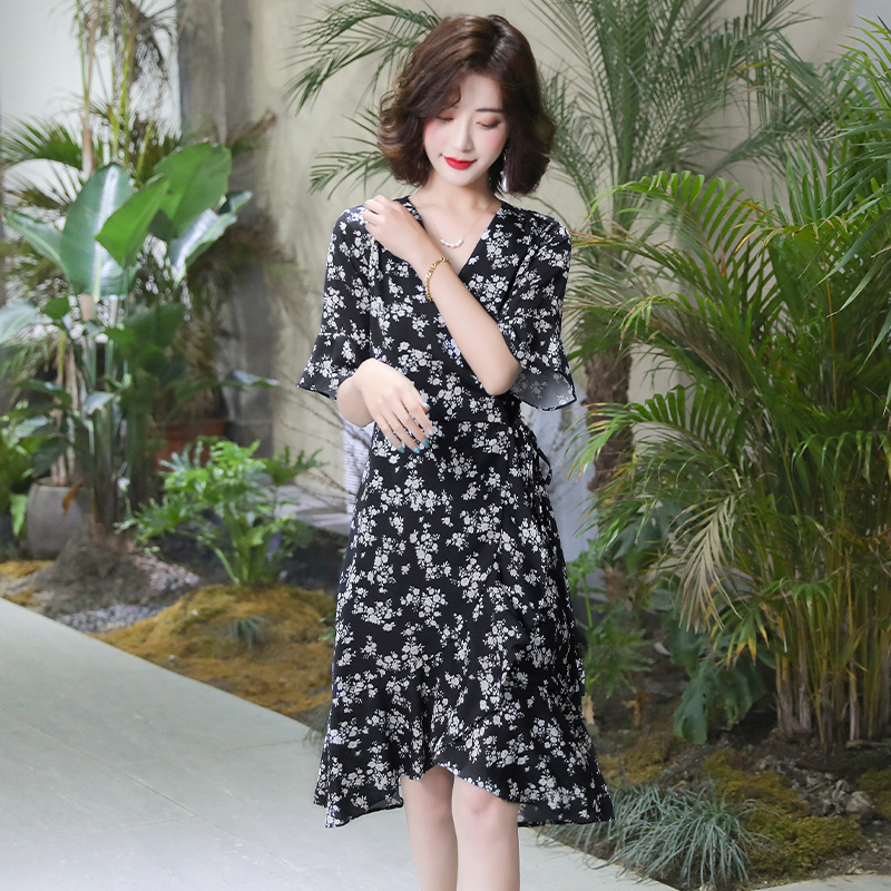 Floral temperament chiffon dress summer France style long dress