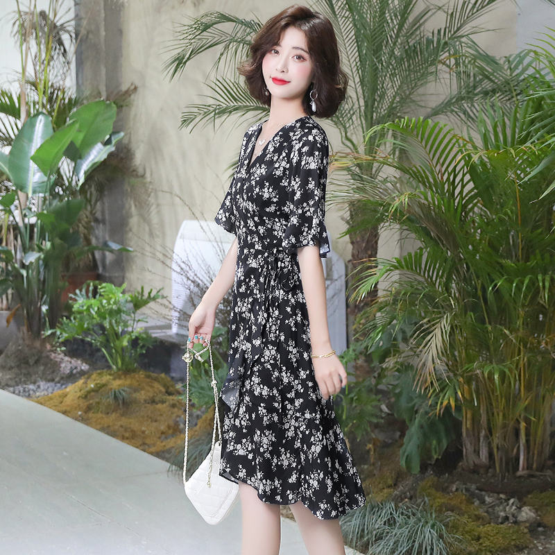 Floral temperament chiffon dress summer France style long dress