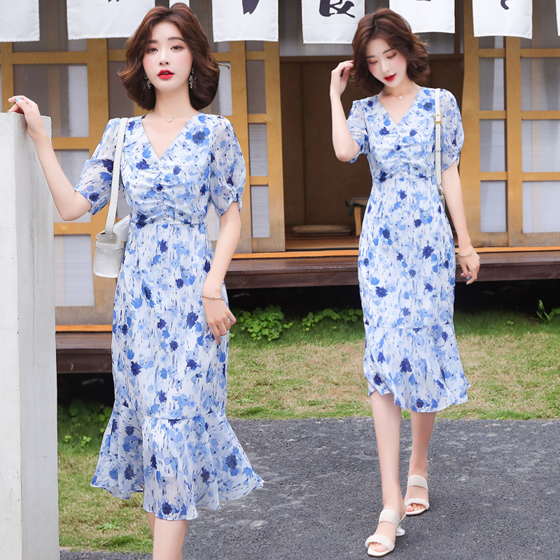 Long slim retro floral Korean style dress