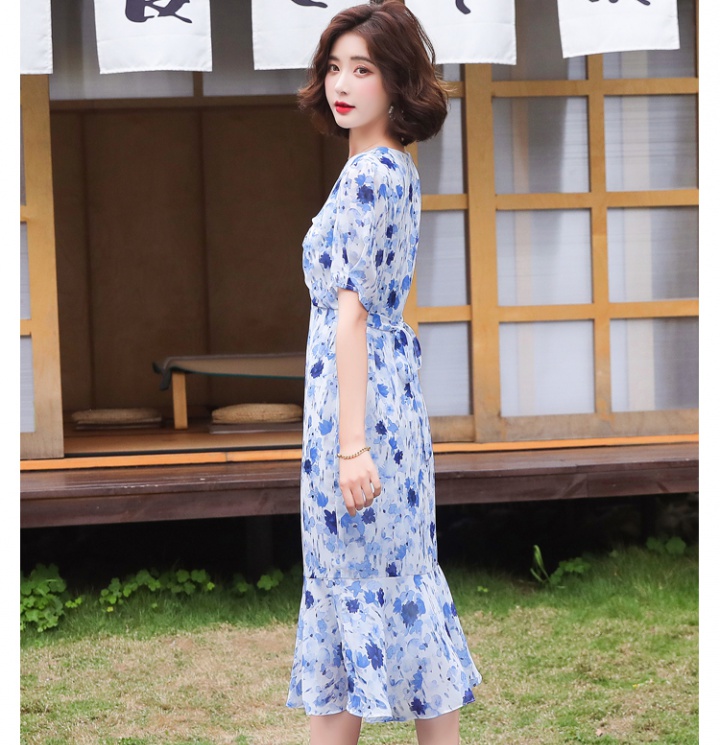 Long slim retro floral Korean style dress