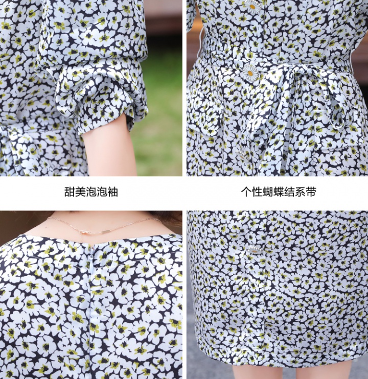 Slim satin V-neck summer printing chiffon daisy dress