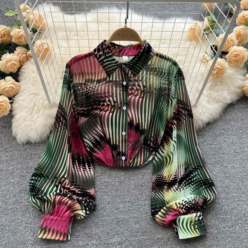 Spring retro printing puff sleeve shirt for women