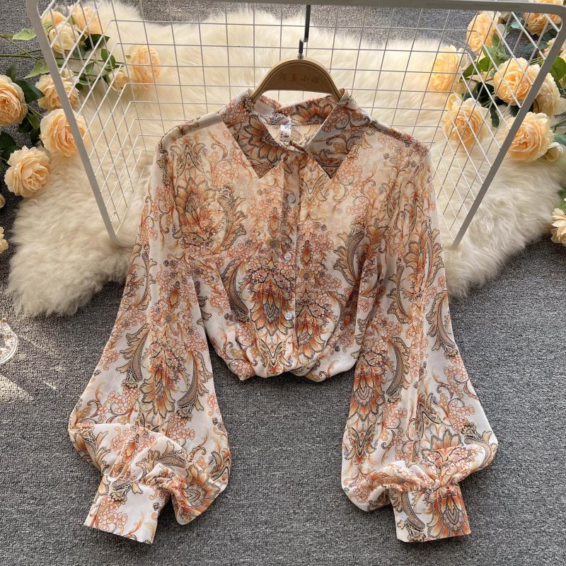 Spring retro printing puff sleeve shirt for women