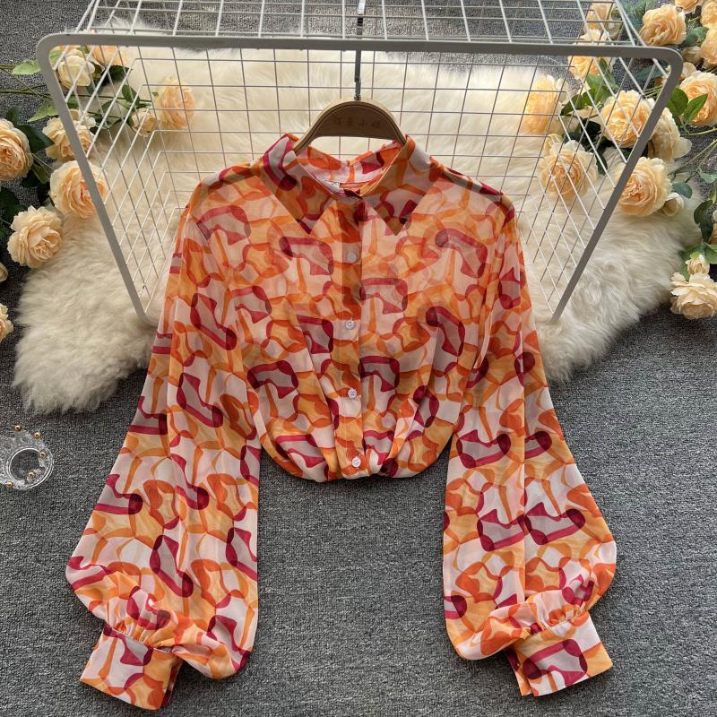 Spring retro printing puff sleeve shirt for women