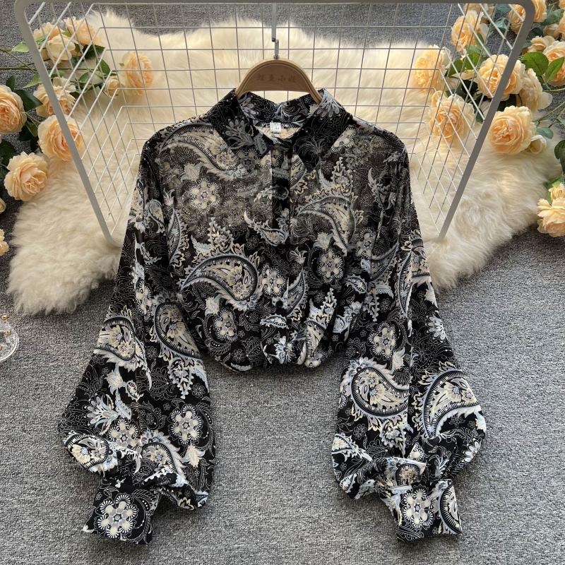 Spring retro printing puff sleeve shirt for women