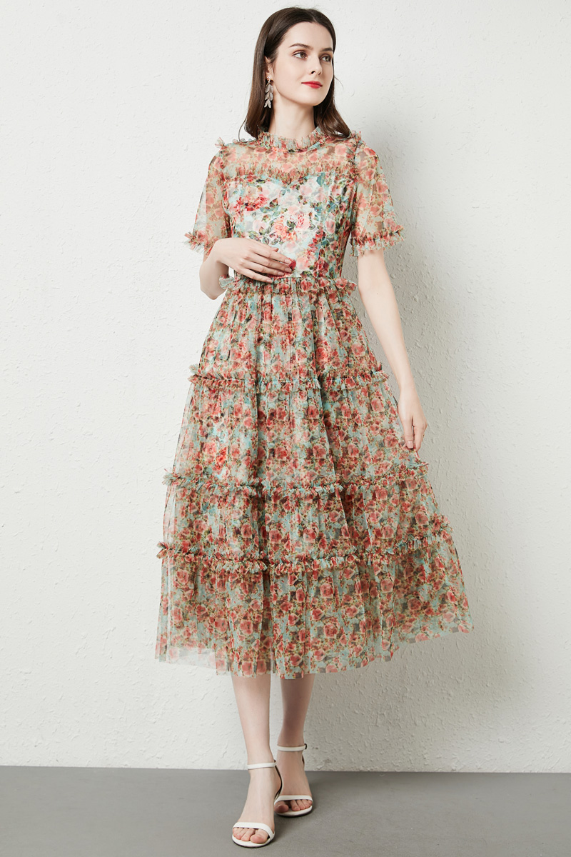 Gauze summer printing fashion slim big skirt dress