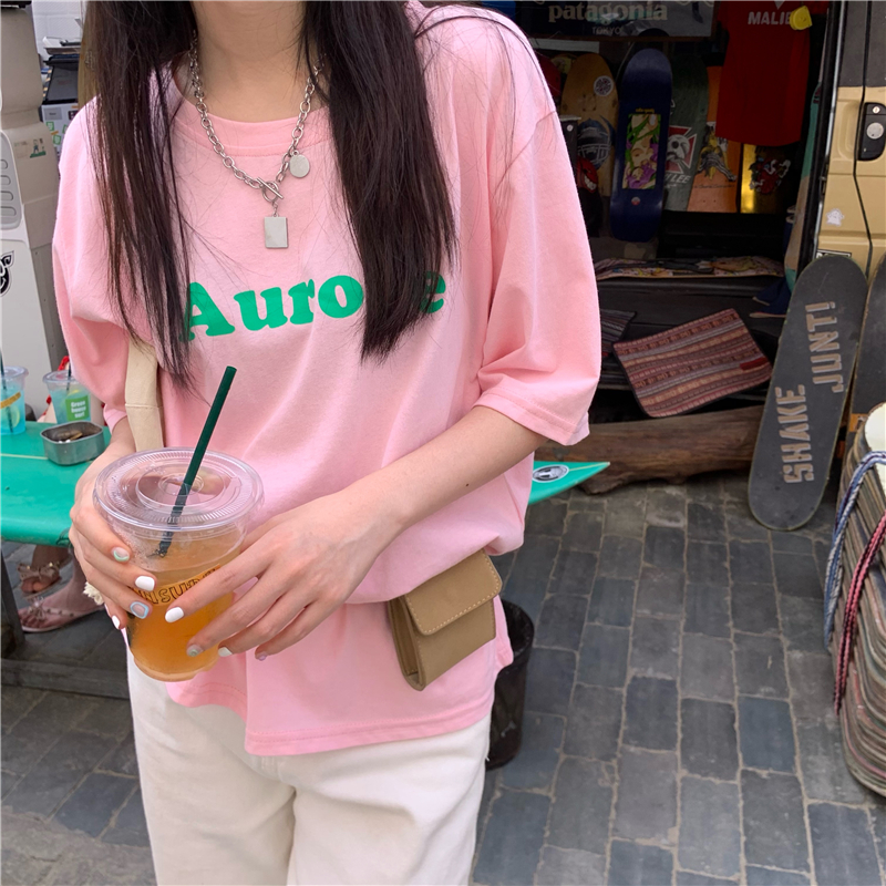 Round neck letters tops short sleeve all-match T-shirt