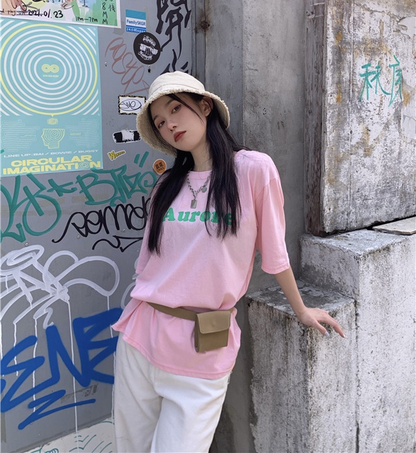 Round neck letters tops short sleeve all-match T-shirt