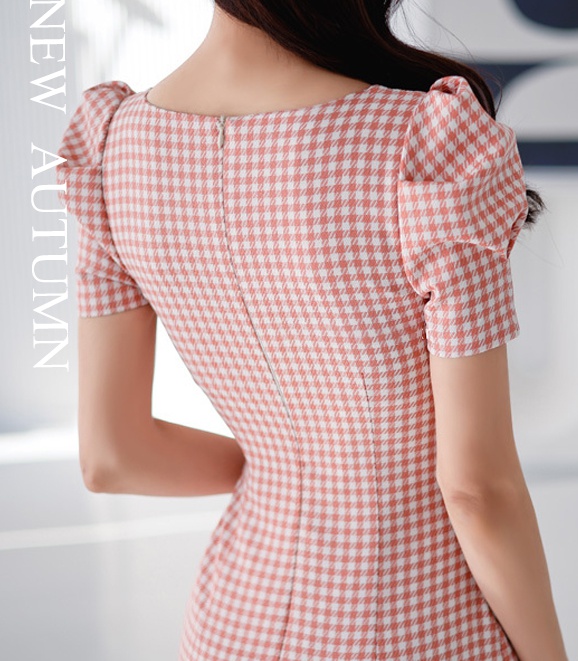 High waist Korean style square collar plaid slim dress