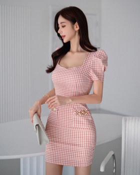 High waist Korean style square collar plaid slim dress