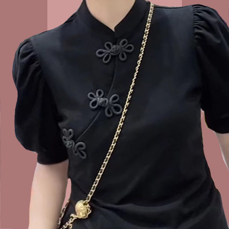 Chinese style slim spring T-shirt retro puff sleeve tops