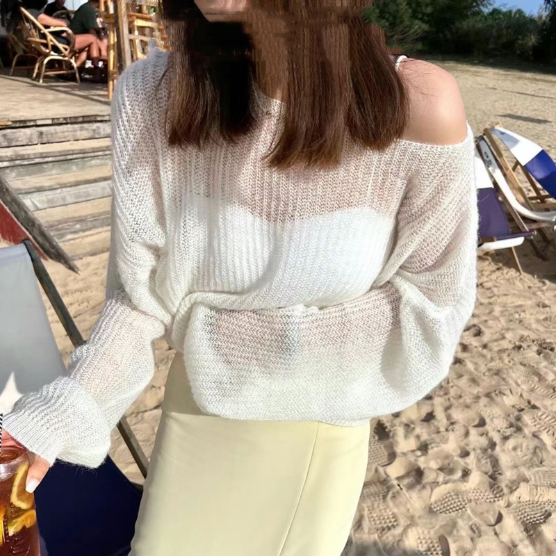 Thin light simple hollow long sleeve sweater for women