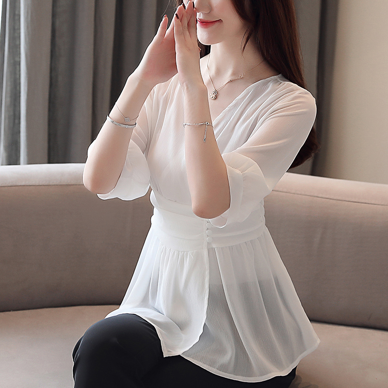 Thin V-neck shirt Korean style white chiffon shirt