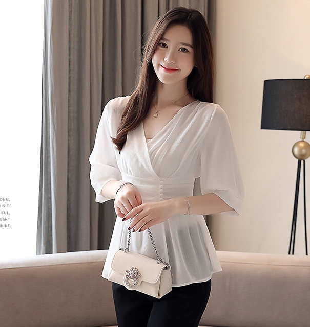 Thin V-neck shirt Korean style white chiffon shirt