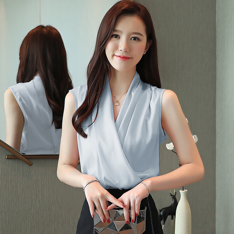 Simple real silk tops temperament V-neck chiffon shirt for women