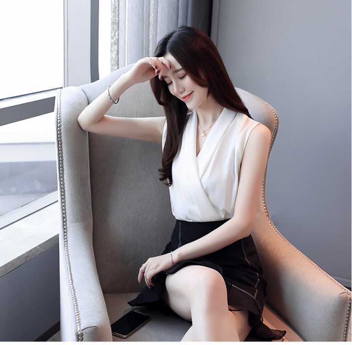 Simple real silk tops temperament V-neck chiffon shirt for women