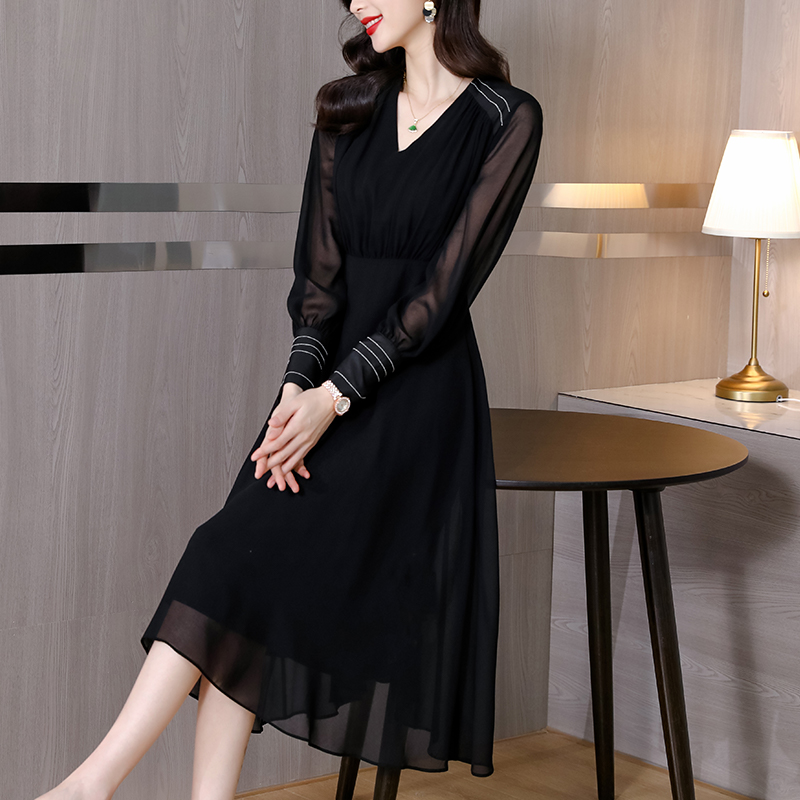 Chiffon temperament long France style V-neck dress