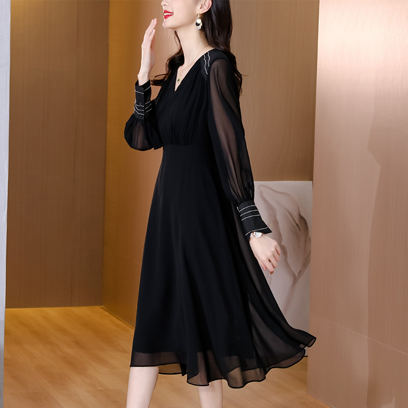 Chiffon temperament long France style V-neck dress