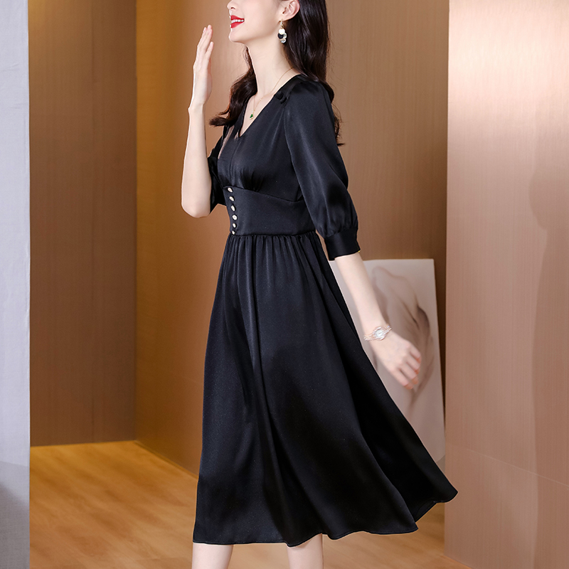 High waist long slim temperament black V-neck dress for women